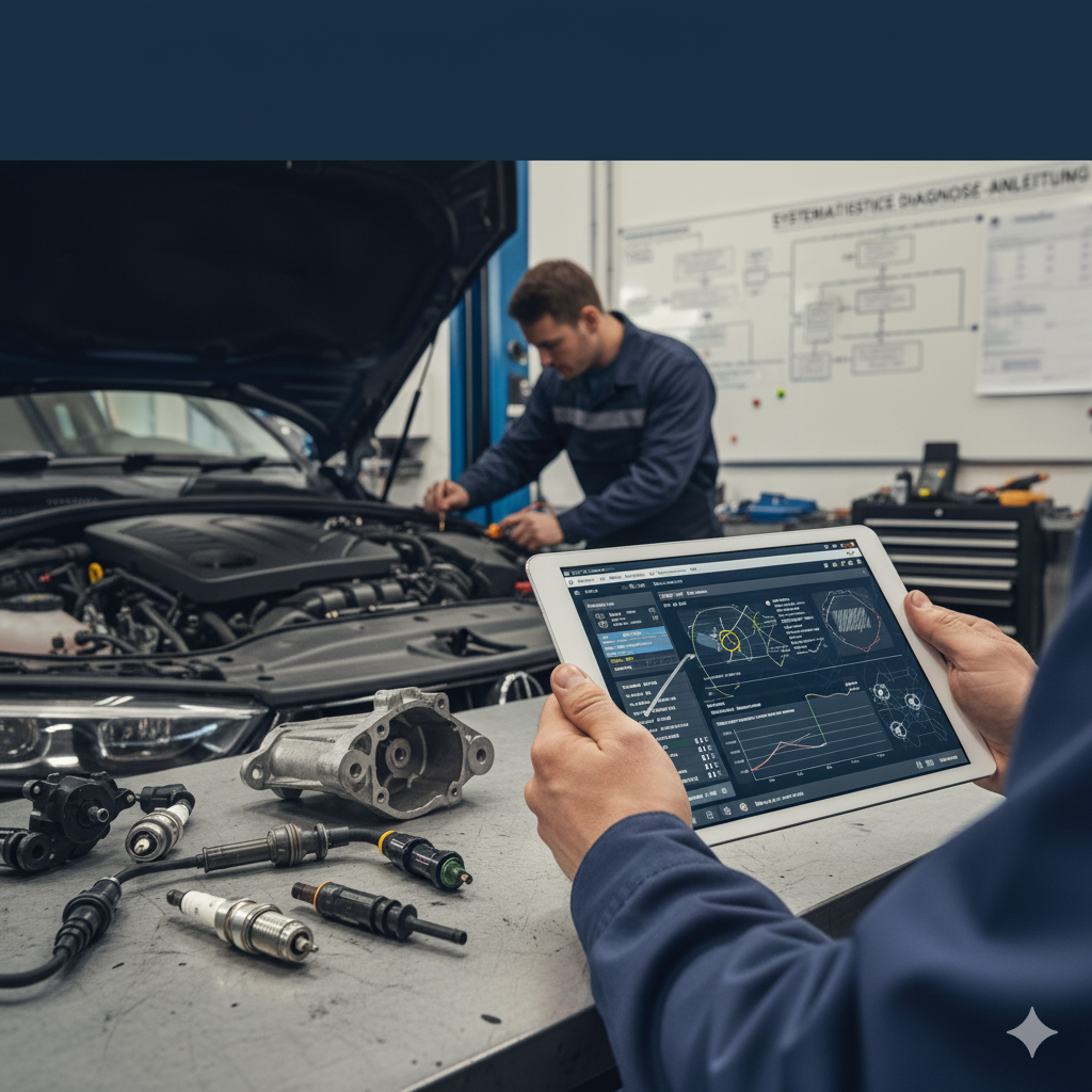 Ruckeln, Leistungsverlust, hoher Verbrauch: Eine systematische Diagnose-Anleitung 1 Diagnosegerät und Autoteile in Werkstatt ich benötige ein Beitrags Bild Ruckeln, Leistungsverlust, hoher Verbrauch: Eine systematische Diagnose-Anleitung